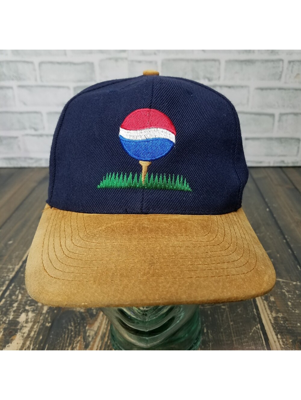 Vintage Pepsi GOLF Embroidered Hat Cap Navy Blue Brown Adjustable Snapback